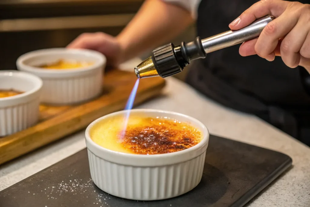 A chef using a kitchen torch to caramelize the sugar topping on Creme brulee.