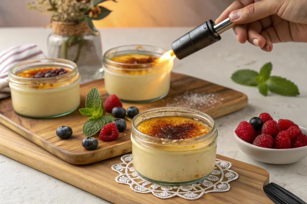 Mason jars filled with crème brûlée custard and caramelized sugar tops, ready to be served.