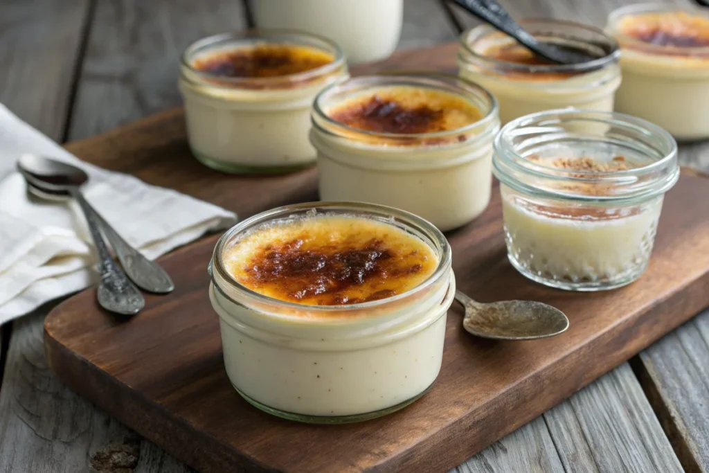 What can you use instead of ramekins for creme brulee : Mason jars filled with ramekins for crème brûlée, with one being torched to caramelize the sugar top.