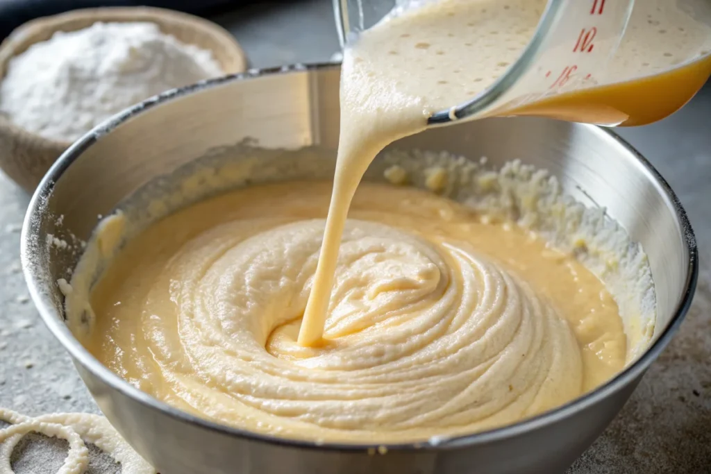 Kefir being poured into batter, illustrating a key step in baking with kefir