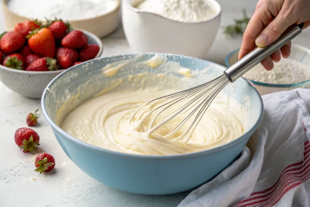 The process of mixing wet ingredients for a naturally delicious kefir sheet cake.