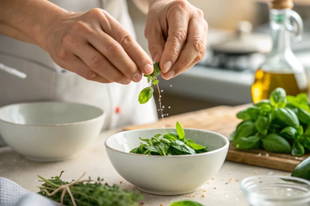 Fresh basil being added to a dish, highlighting a simple technique in a sajata recipe