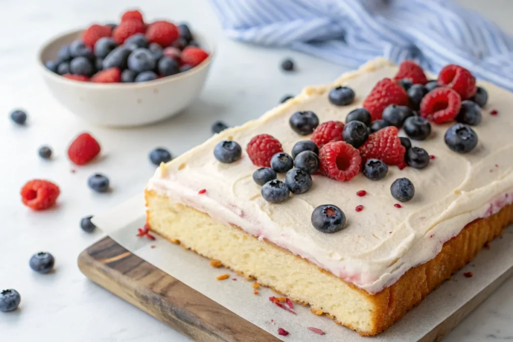 A freshly baked, naturally delicious kefir sheet cake, topped with creamy frosting and fresh berries