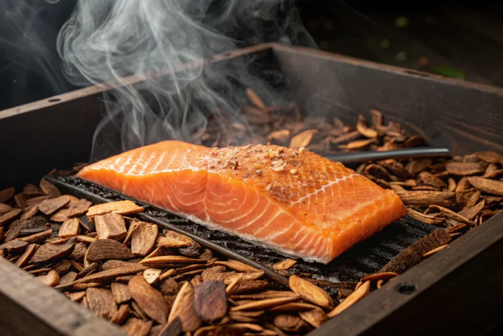 Fresh salmon fillet smoking in a smoker with a rich, smoky texture.