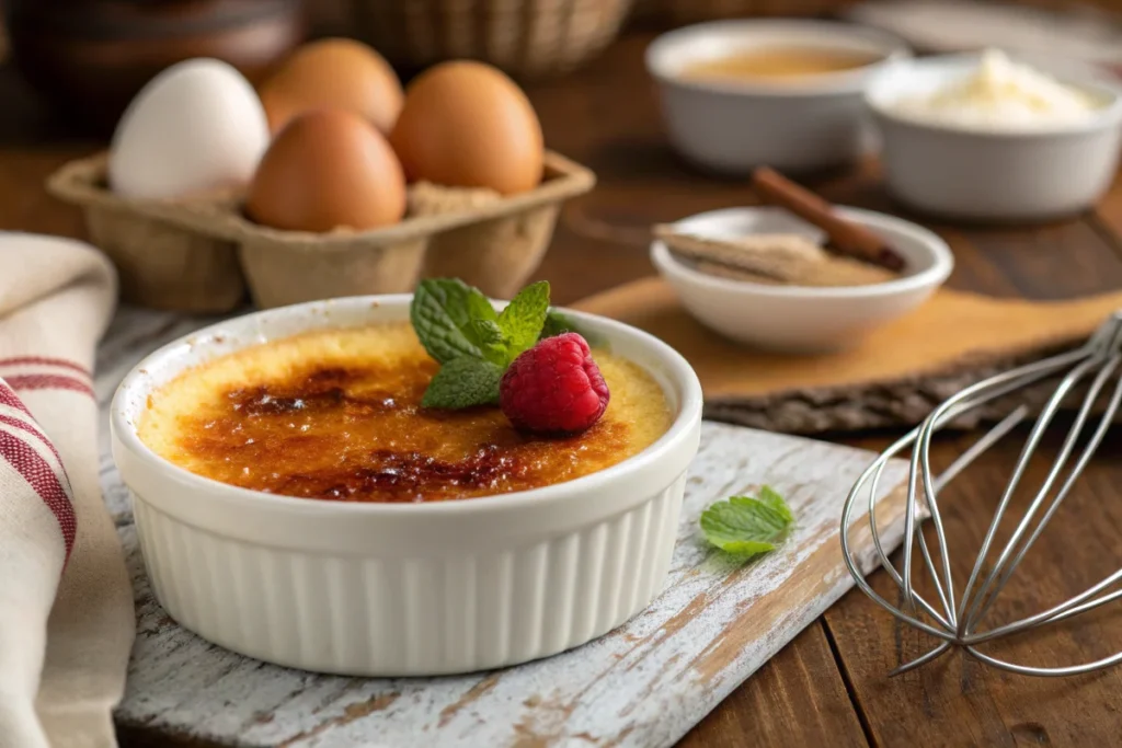Close-up of Secret of Creme Brulee with a golden caramelized sugar crust, garnished with mint and a raspberry.