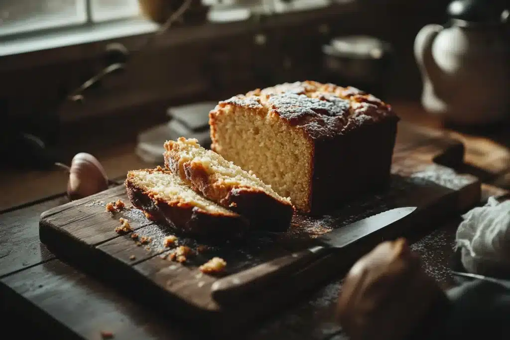 Moist pound cake on a wooden board.