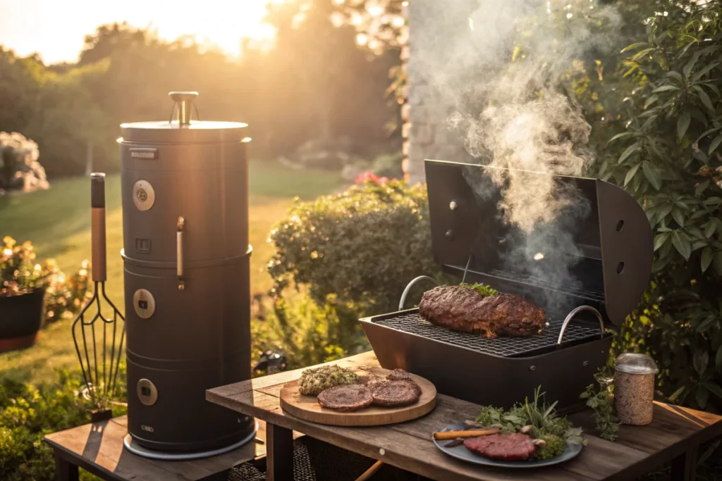 Smoker grilling a brisket outdoors, perfect for BBQ enthusiasts and beginners