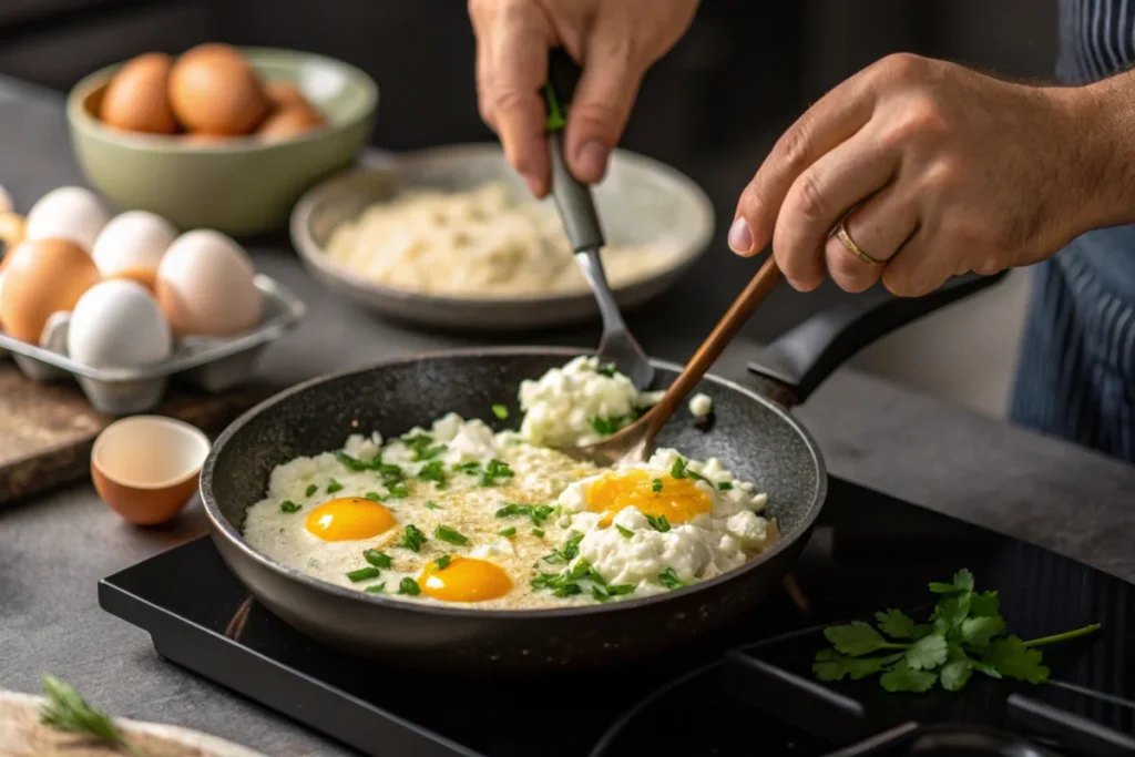 A fluffy omelet cooking in a non-stick skillet on medium heat.