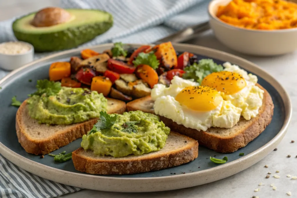 Plated cottage cheese eggs with whole-grain toast, avocado, and roasted vegetables.