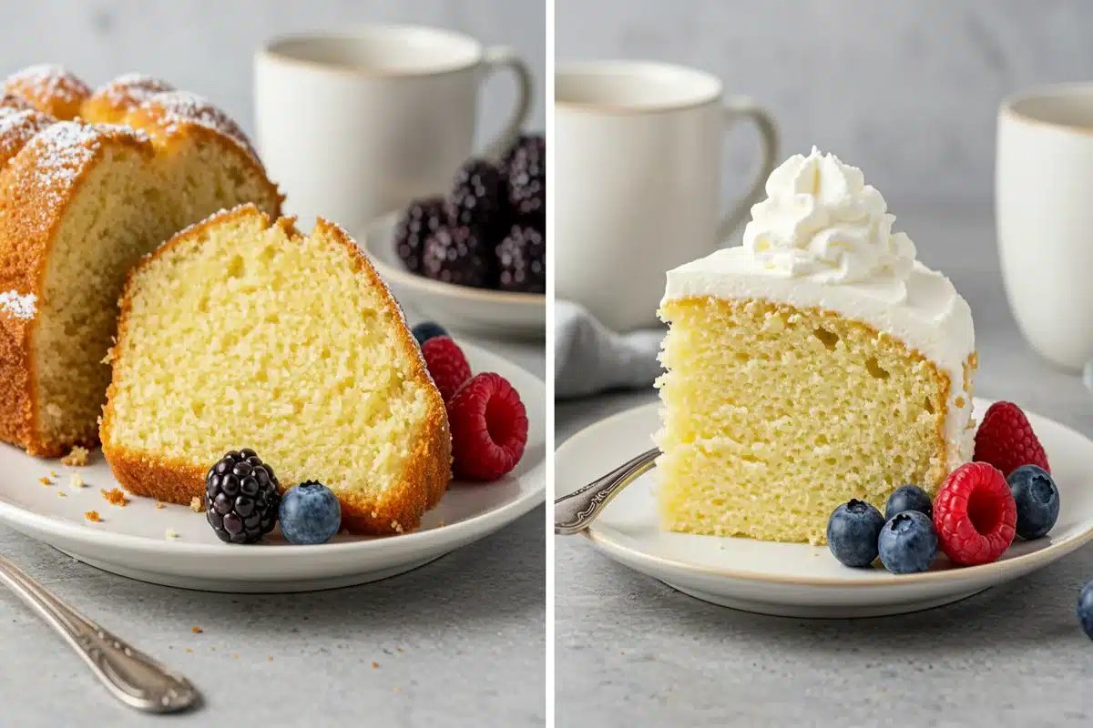 A side-by-side comparison of a slice of pound cake and a slice of vanilla cake, illustrating the key differences between Pound Cake vs Regular Cake.