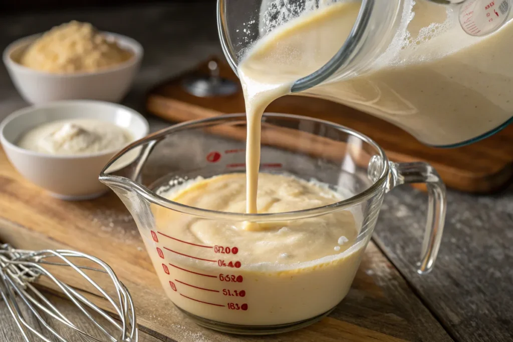 Pouring kefir into a cake batter, a step to adding moisture and a tangy flavor, when using Kefir Instead of Buttermilk.