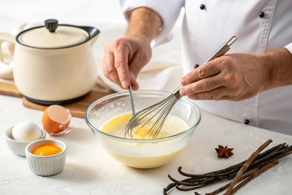 what is the secret of creme brulee: Chef whisking eggs and sugar for secrect of creme brulee custard