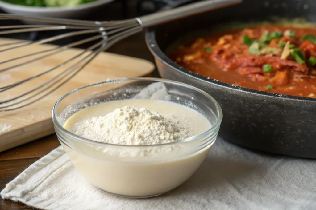 Thicken Taco Soup: A slurry of flour and water being prepared to thicken taco soup.