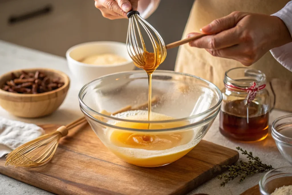 Mixing Wet Ingredients: Honey, Maple Syrup, and Vanilla Extract