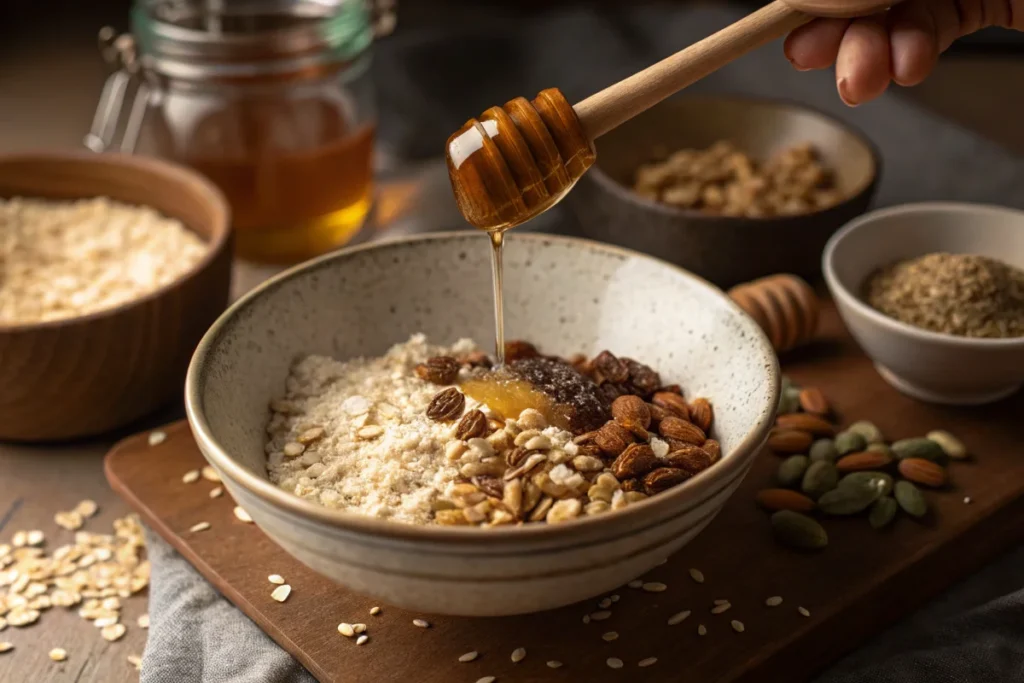 Mixing wet and dry ingredients, a key step in making naturally crunchy granola.