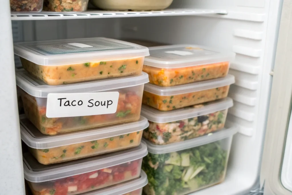 How Long Will Taco Soup Last? Labeled containers of taco soup stored in a freezer drawer with ice packs.