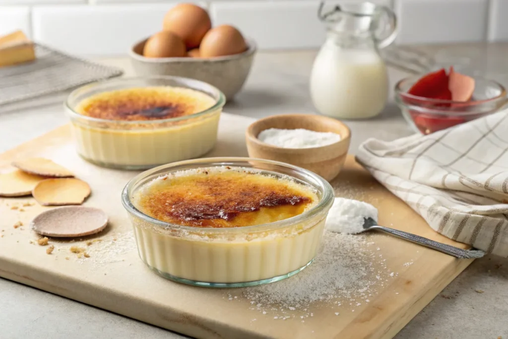 Pyrex custard cups filled with crème brûlée custard, with one cup being removed from the oven, showcasing the caramelized sugar top.