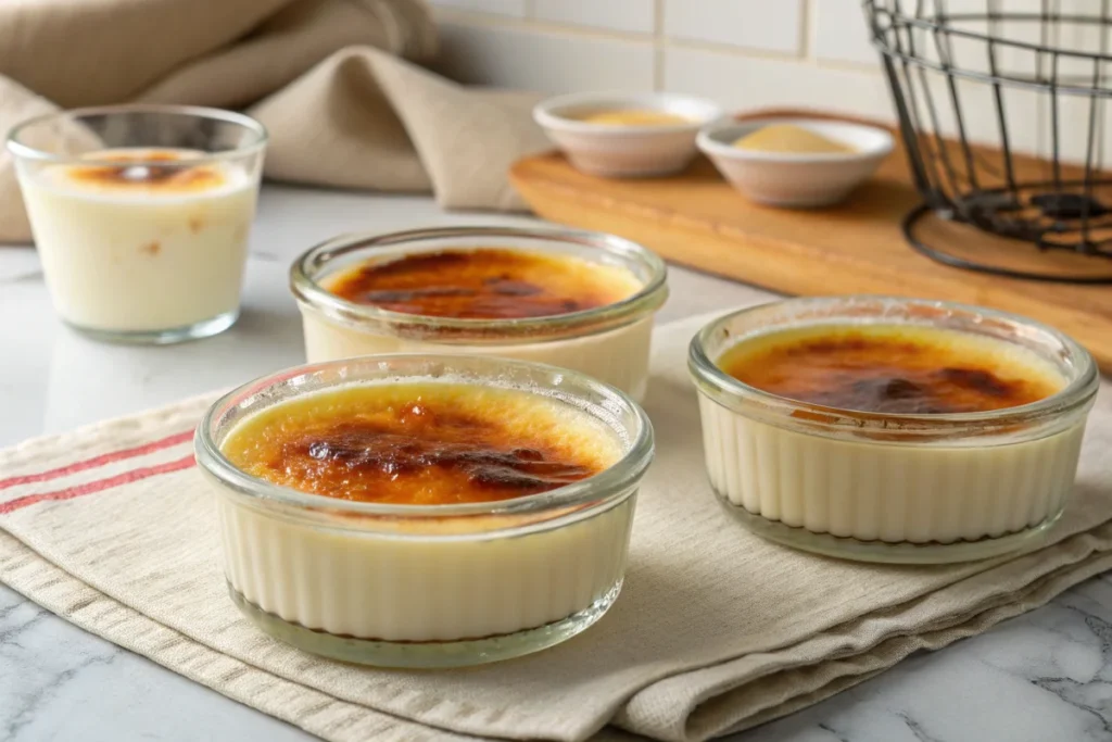 What can you use instead of ramekins for creme brulee : Pyrex custard cups filled with ramekins for crème brûlée, featuring a smooth custard and caramelized sugar topping