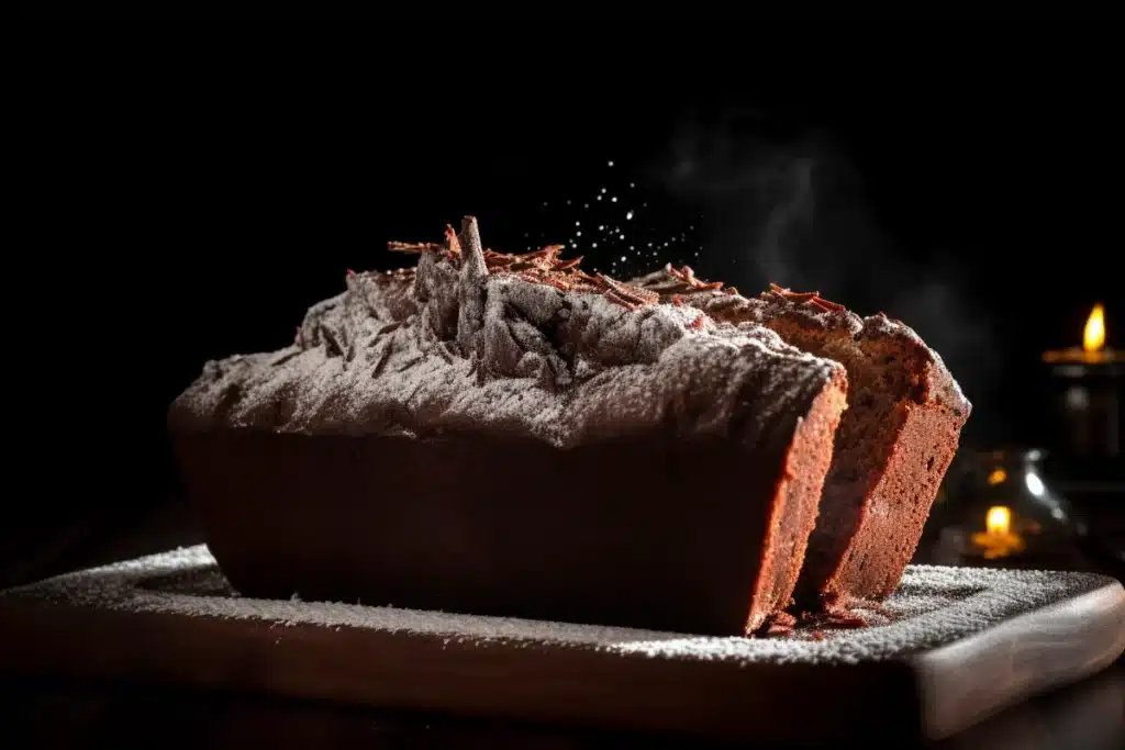 chocolate pound cake : Sliced chocolate pound cake with powdered sugar.