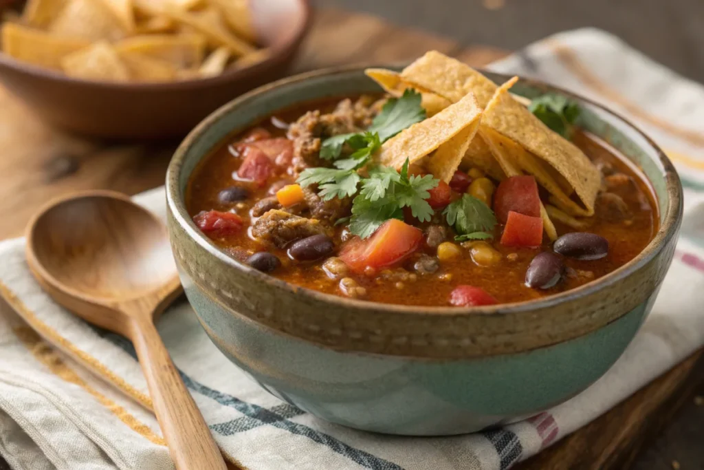 A hearty bowl of thickened taco soup with beans, tomatoes, and tortilla strips.