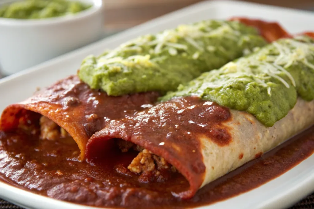 why are they called divorced enchiladas ? Side-by-Side Enchiladas with Red and Green Sauce