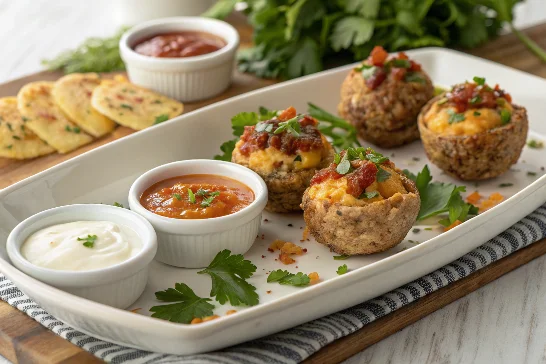 Armadillo eggs displayed on a platter with dipping sauces, offering serving ideas