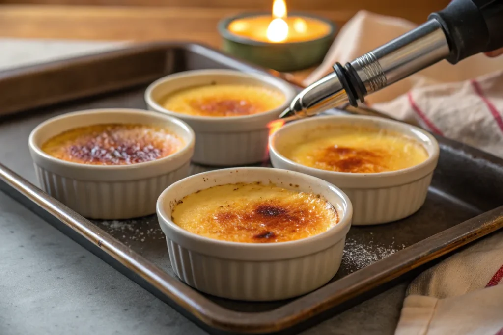 Small ceramic bowls filled with crème brûlée custard, topped with caramelized sugar, being torched for the perfect finish.