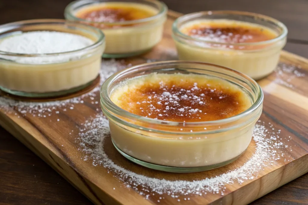 What can you use instead of ramekins for creme brulee : Small oven-safe bowls filled with ramekins for crème brûlée on a wooden table, topped with caramelized sugar