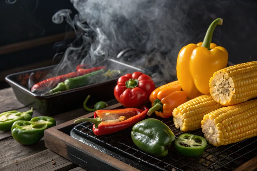 Smoked vegetables like peppers and corn on the cob in a smoker