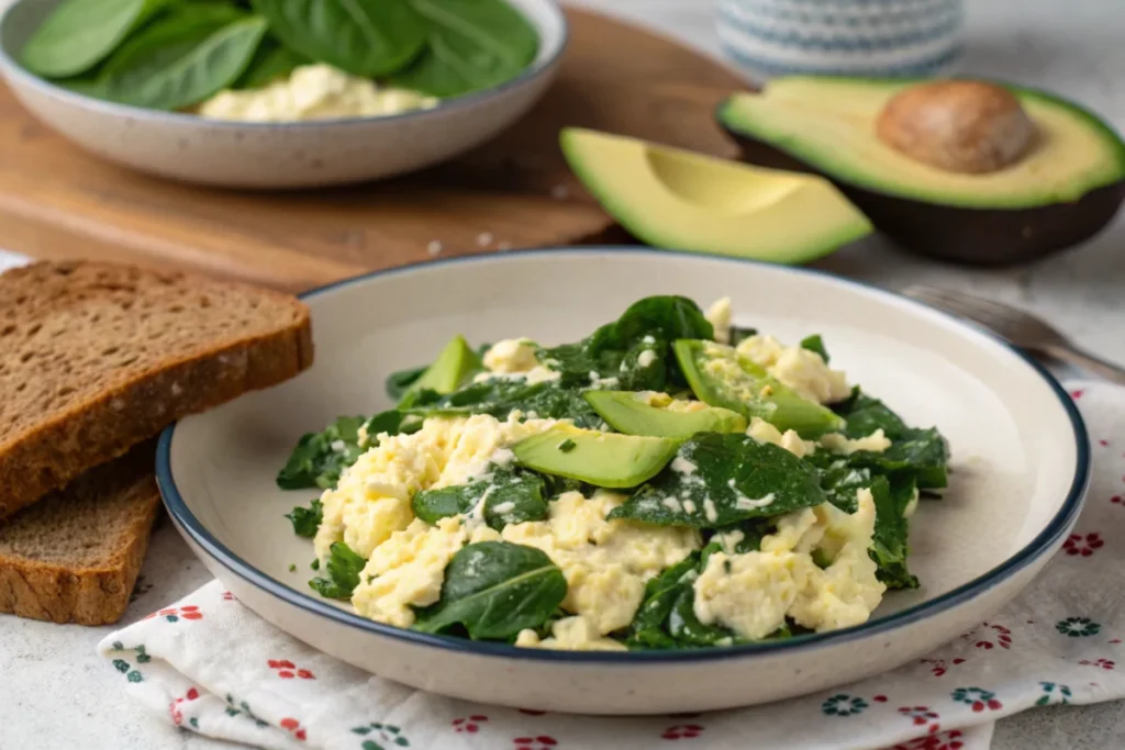 A well-plated spinach and cottage cheese scramble.