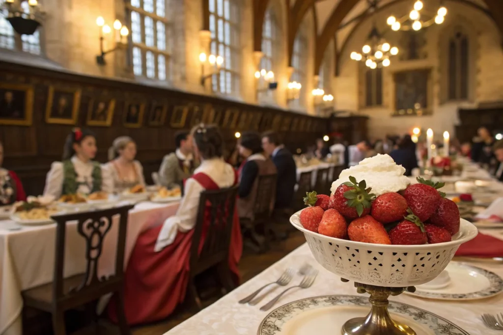 Tradition of Strawberries : A depiction of strawberries and cream being served at a lavish royal banquet during the Tudor era." or "A close up of an antique serving dish holding strawberries and cream, highlighting the Tudor origins of this classic dish