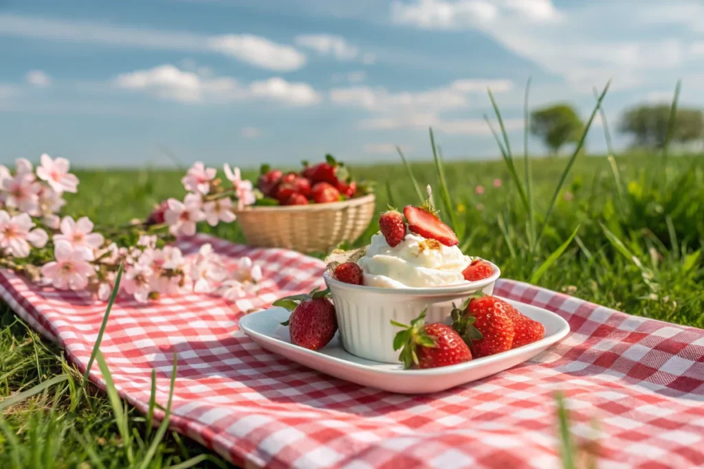 Strawberries and cream served at a picnic