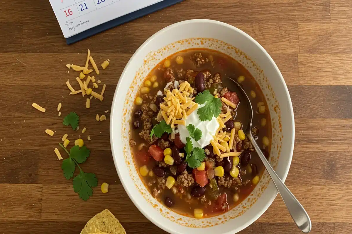 A partially eaten bowl of taco soup sits on a rustic table, inviting but slightly past its prime. Is taco soup good after a week? Explore food safety and storage tips in this informative article.