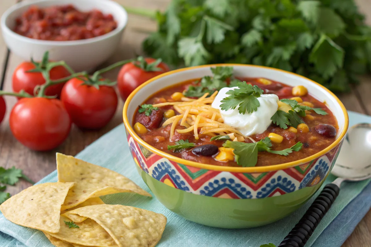 Chilled Taco Soup Frios in a bowl, garnished with cheese, cilantro, and sour cream, served with tortilla chips