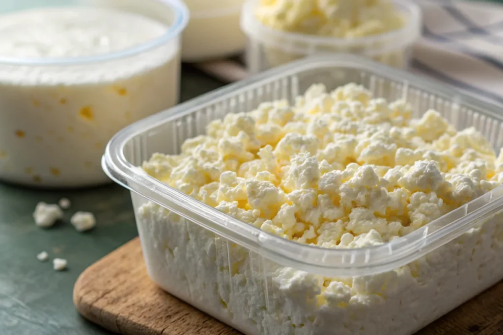 Low-moisture cottage cheese in a container