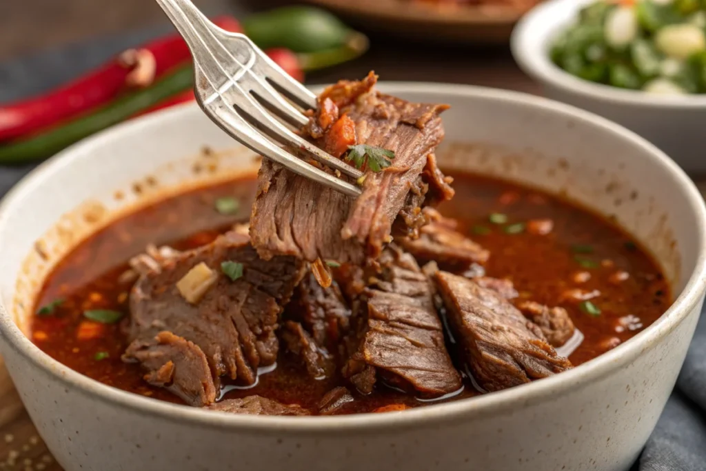 Tender slow-cooked meat being shredded for birria taco soup
