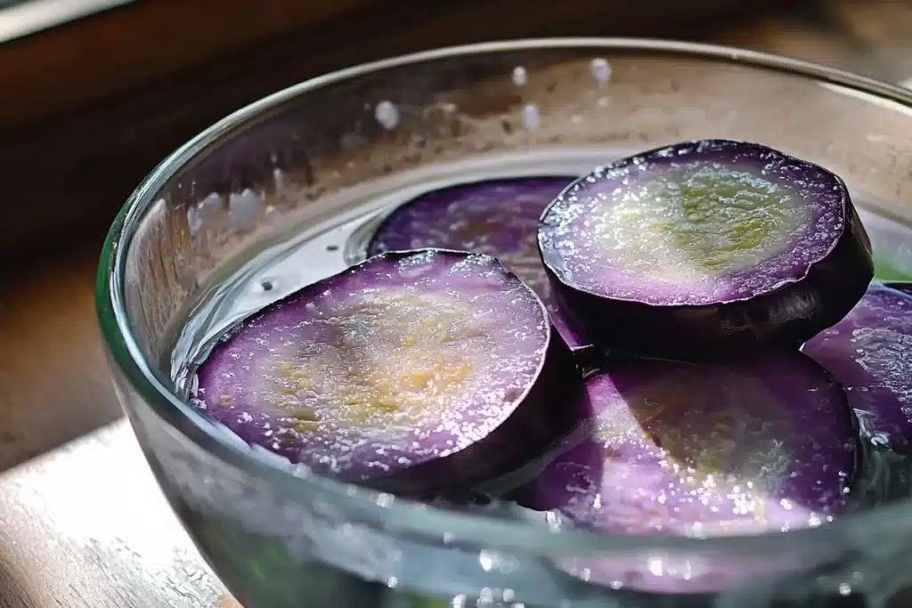 Soaking eggplant slices in salted water.