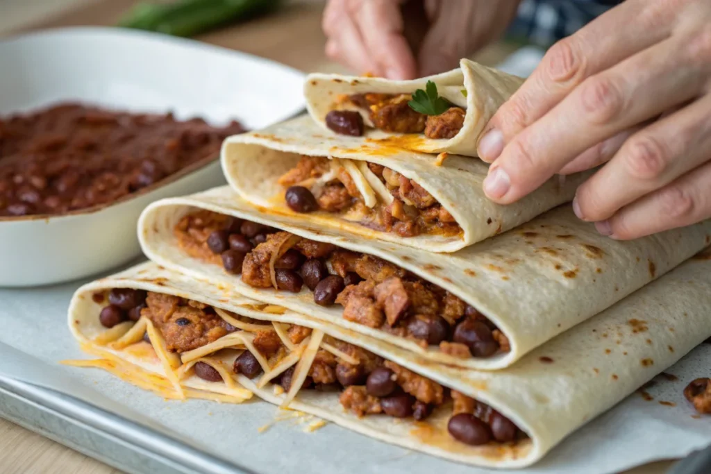 A visual showing the layers of the World's Largest Enchilada, created in Ixtapaluca, Mexico and measuring 70 meters long; including the tortillas, filling, and sauce.