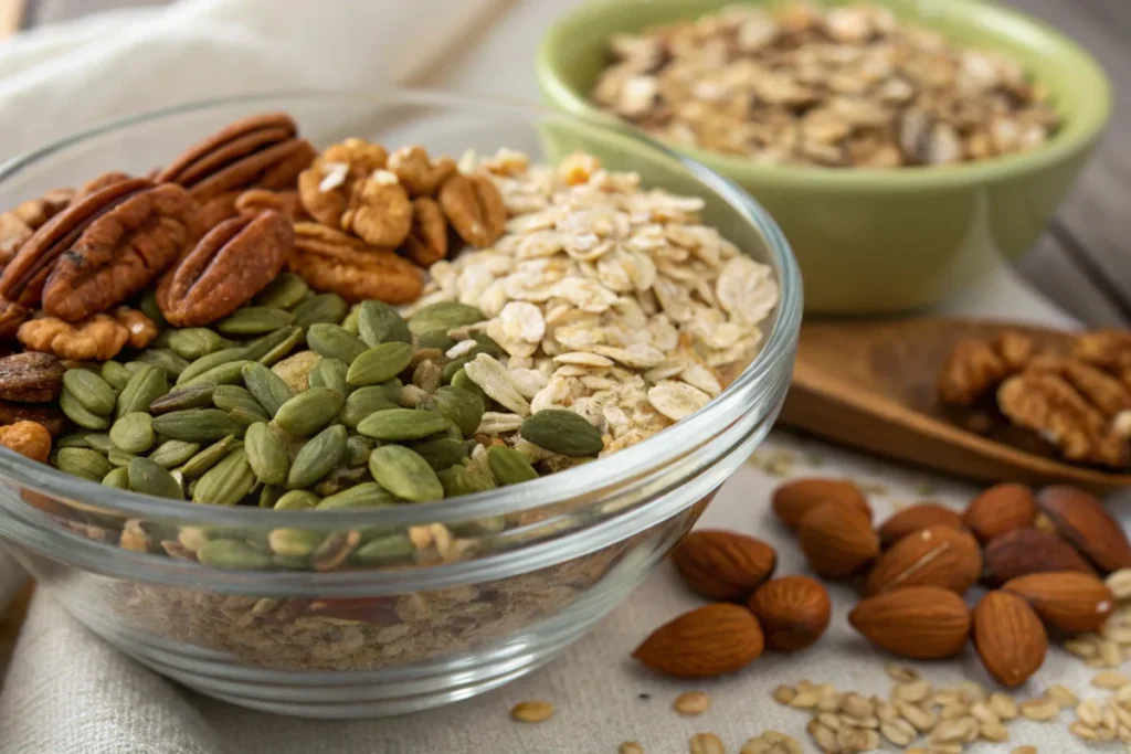 naturally vanilla nut granola : Dry Ingredients for Vanilla Nut Granola: Oats, Nuts, and Seeds