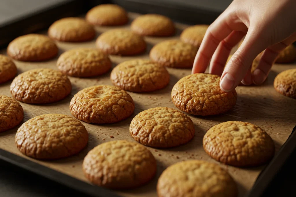 A batch of homemade cookies, some appear greasy and others are perfectly baked.