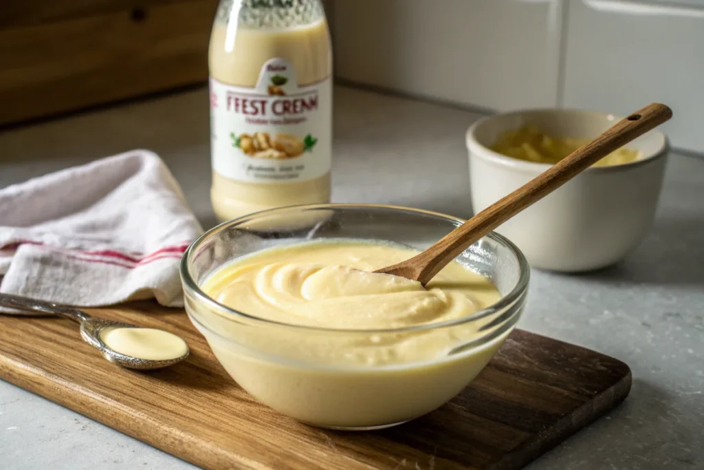 Fresh heavy cream next to a creamy custard mixture, showcasing the role of cream in Creme Brulee