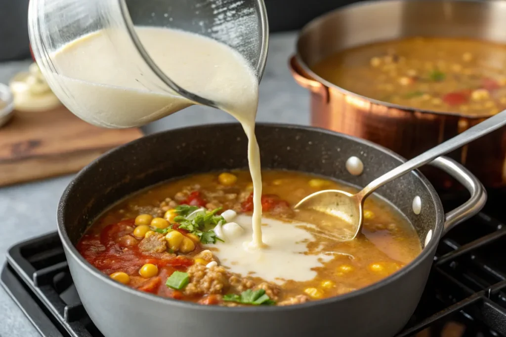 Thicken Taco Soup: Adding cornstarch slurry to taco soup to thicken it.
