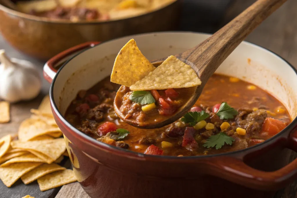 Thicken Taco Soup: Adding crushed tortilla chips to taco soup to thicken it.