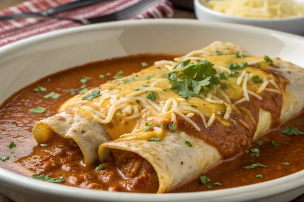 Close-up shot of a traditional enchilada with rich sauce and generous cheese, illustrating why are enchiladas unhealthy.

