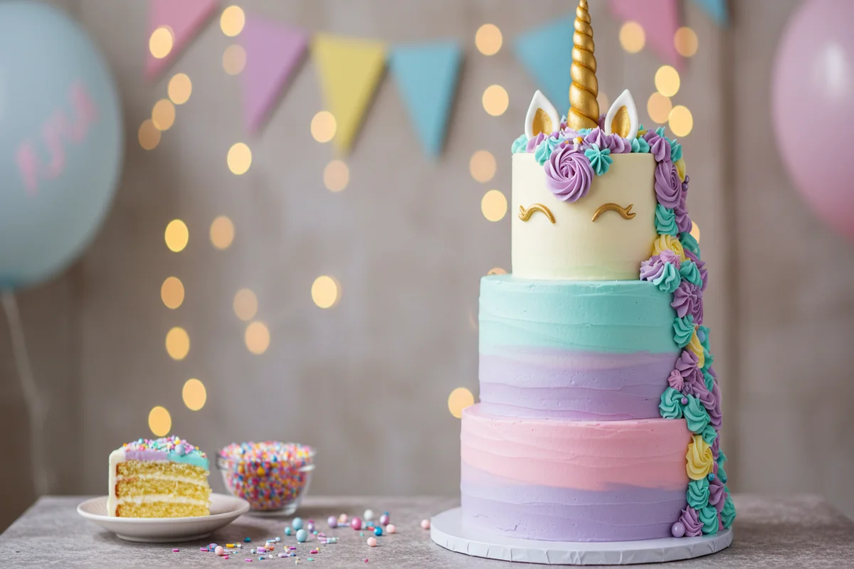 Whimsical Unicorn Cake: Multi-tiered cake with vibrant colors, fondant horn, and buttercream mane, perfect for any celebration.