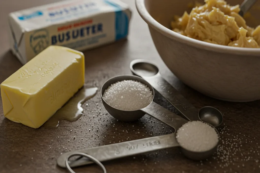 Close up of baking ingredients: butter, sugar, and a bowl with oily cookie dough.