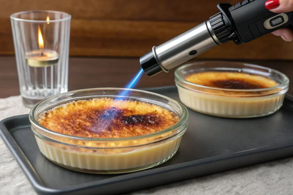 aramelizing sugar on creme brulee with a torch.