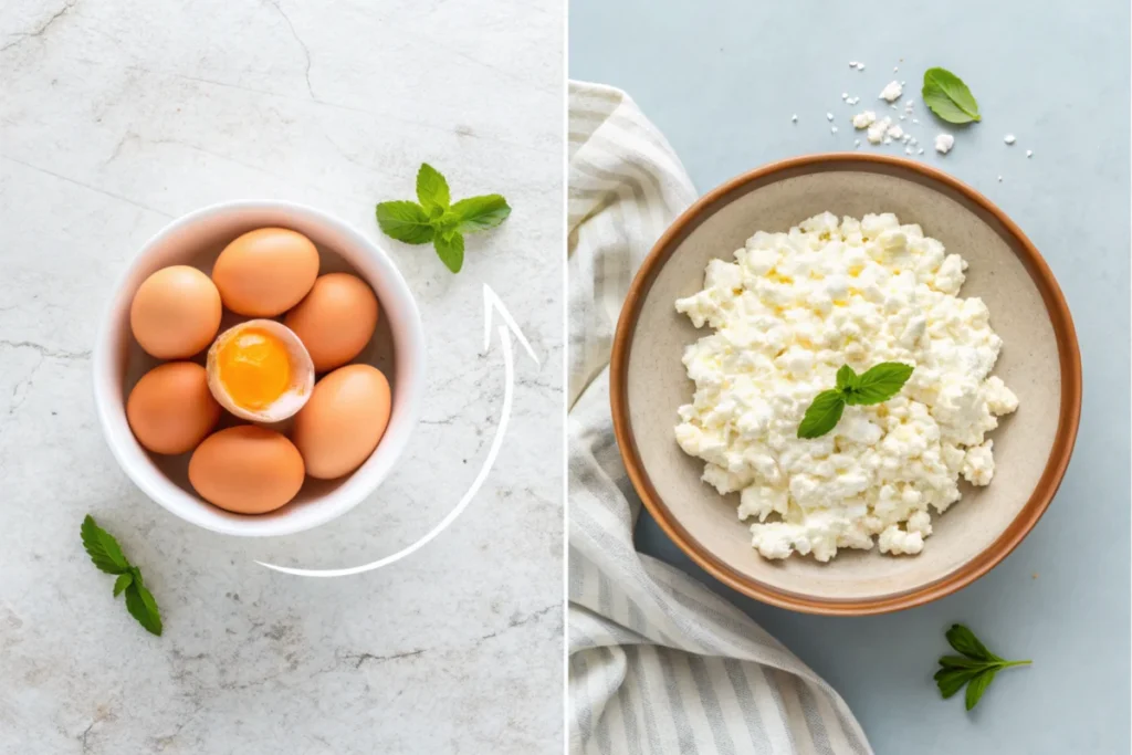 Does cottage cheese taste good with eggs? Split image showing cottage cheese, eggs, and a combined dish.