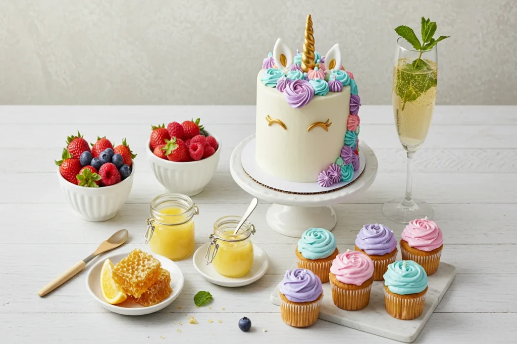 Unicorn Cake Flavor Pairings: Visuals of raspberries, vanilla, chocolate, caramel, lemon, and coconut representing popular flavor combinations