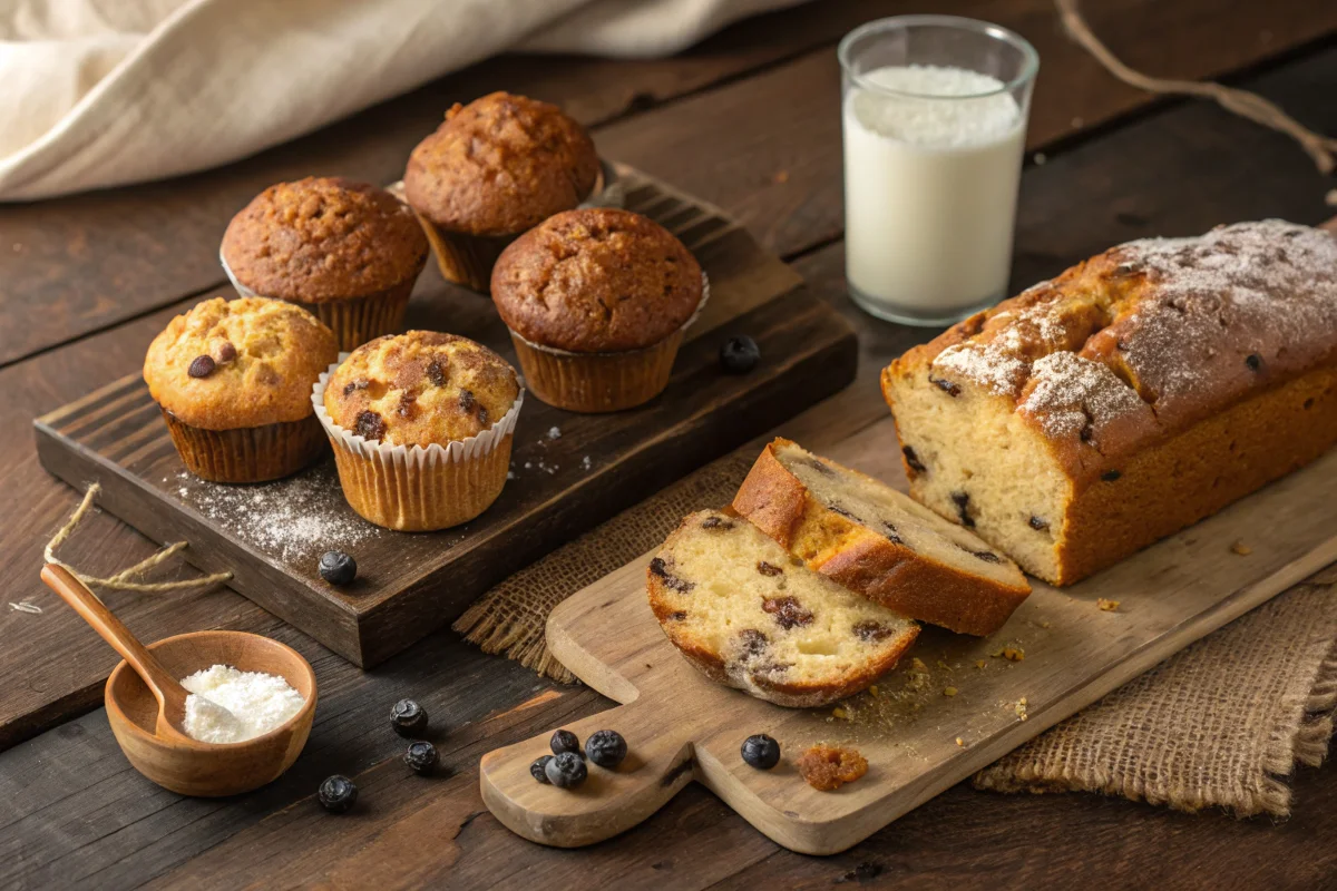 A variety of baked goods showcasing the effects of baking with kefir, including a muffin, slice of cake, and bread